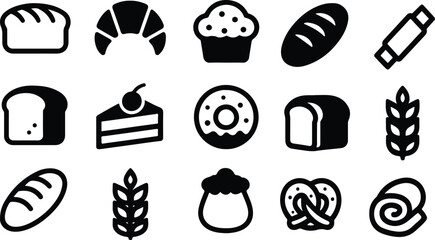 Black Vector Silhouettes of Bakery and Pastry Icons – 20 Delicious Dessert and Bread Symbols on White Background