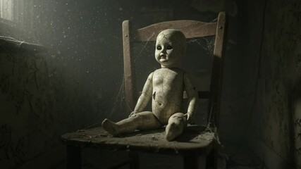 "Ancient porcelain doll with a cracked face, eerie shadows, ghostly presence, and creepy atmosphere, perfect for horror and supernatural videos." - Powered by Adobe