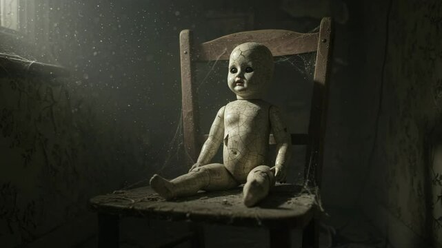 "Ancient porcelain doll with a cracked face, eerie shadows, ghostly presence, and creepy atmosphere, perfect for horror and supernatural videos."
