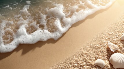Close-up of fine beach sand with scattered starfish and seashells, free copy space