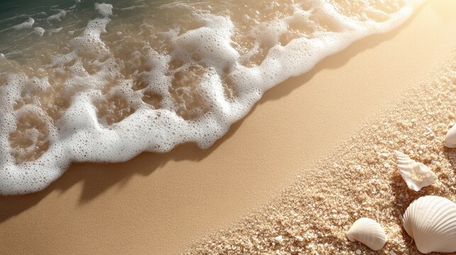 Fototapeta Close-up of fine beach sand with scattered starfish and seashells, free copy space