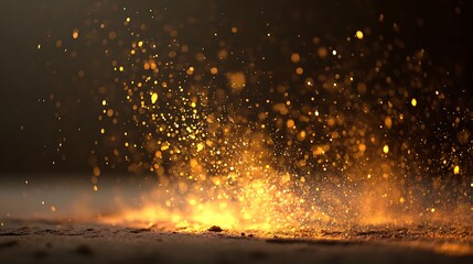 An explosion of golden light and dust particles illuminating the dark scene