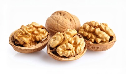 walnuts on white background, close of walnut kernels, open walnut kernels
