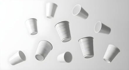 Fototapeta premium Floating White Disposable Cups Clean Minimalist Product Photography