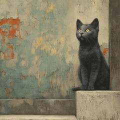 Curious Black Cat Staring Intently, Eyes Wide with Wonder and an Adorable Expression