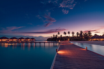 Sunset sky view over Maldives pier with glowing lights and palm tree silhouettes, dreamy tropical...