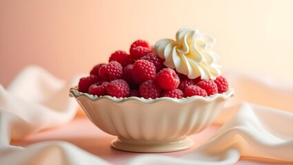Ivory Bowl of Plump Raspberries with Smooth Cream Against Soft Pastel Background in Morning Light for National Frozen Custard Day