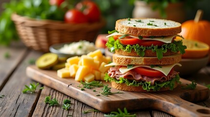 Gourmet Sandwich Stack with Meats, Cheeses, and Veggies on Rustic Board with Deli Sides for National Sandwich Month