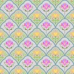 Seamless pastel floral pattern with alternating pink and yellow flowers inside fan-shaped scallops. Thai-inspired decorative motif perfect for fabric, wallpaper, and wrapping.
