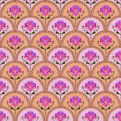 Warm retro arch pattern with pink floral details on an ochre yellow background, radiating cheerful elegance.