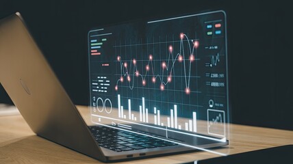Laptop displaying glowing digital data charts and graphs with red glowing points on a grid image