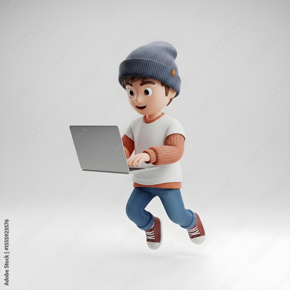 Fototapete Joyful 3D Render of a Boy Using a Laptop While Jumping