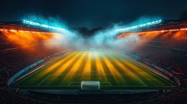 Full stadium at night, vibrant lights, smoky atmosphere
