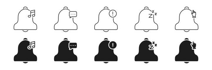 Notification Bell Icon Set. Alert, Message, Reminder, Sleep, And Interaction Symbols Collection. Communication And User Engagement Indicators. Isolated Vector Illustration