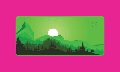 Mouse pad Design. Green Landscape Silhouette with Sunset and Mountains