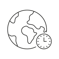 World Globe With Clock Line Icon. Global Time Management And International Scheduling Outline Symbol. Time Zone Awareness And Worldwide Coordination. Editable Stroke. Isolated Vector Illustration