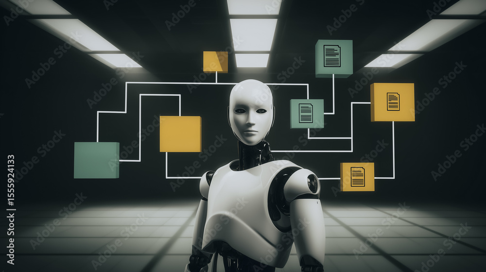 Poster ai data processing: a humanoid robot stands calmly in a dark futuristic setting, surrounded by a net