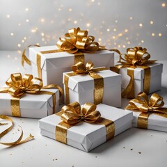 Elegant festive gift boxes wrapped in white paper with glittery golden bows for a luxurious holiday presentation

