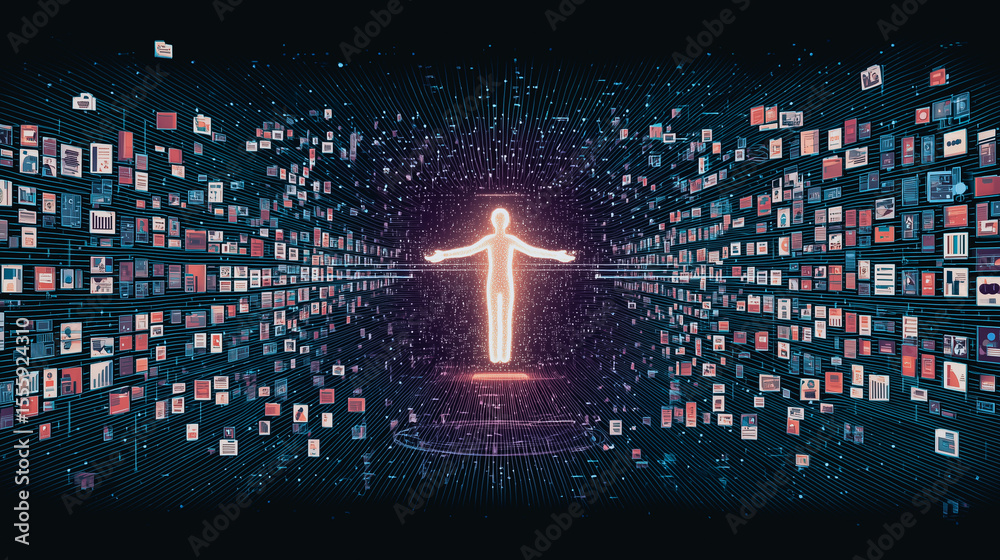 Poster digital universe: a luminous figure extends arms within a dynamic digital space, surrounded by count