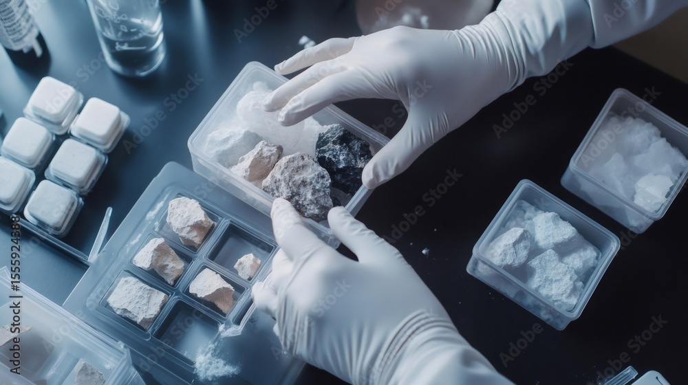 Aufkleber geologist wearing gloves carefully examining various rock samples in a laboratory setting, conductin