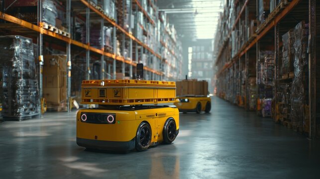Autonomous robots navigate through a warehouse filled with shelves and goods. The scene highlights modern automation in logistics and storage.