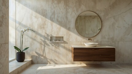 Luxury modern bathroom with marble walls, floating vanity and round mirror