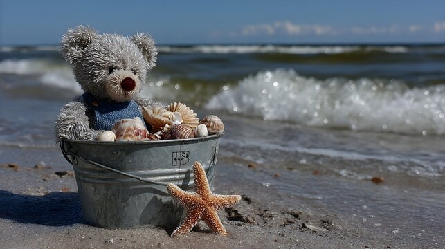 A teddy bear sits in a metal bucket surrounded by seas near a starfish on a sandy beach shore. - Powered by Adobe