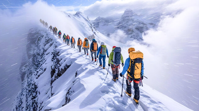 Climbers ascend snowy ridge in stormy alpine scene with fog and harsh conditions.

