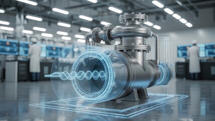 Metallic industrial pump with blue holographic wireframe and waveform in a laboratory setting machinery