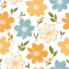 Hand-drawn Floral Seamless Pattern with Daisies and Leaves – Vintage Botanical Design