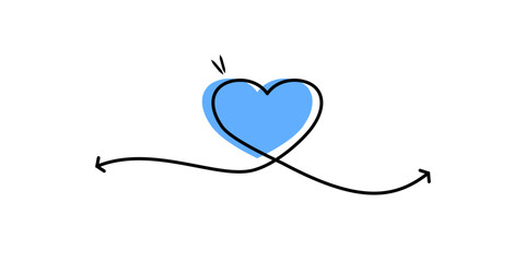Minimalist Love Line Art with blue Heart. A minimalist continuous line drawing featuring a heart shape with a filled blue center, seamlessly connected to a cursive 