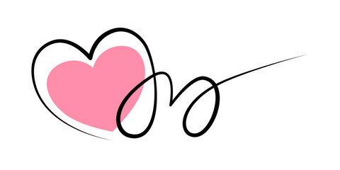 Minimalist Love Line Art with Pink Heart. A minimalist continuous line drawing featuring a heart shape with a filled pink center, seamlessly connected to a cursive 