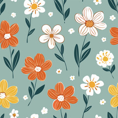 Hand-drawn Floral Seamless Pattern with Daisies and Leaves – Vintage Botanical Design