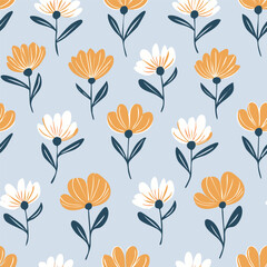 Hand-drawn Floral Seamless Pattern with Daisies and Leaves – Vintage Botanical Design