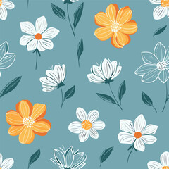 Hand-drawn Floral Seamless Pattern with Daisies and Leaves – Vintage Botanical Design