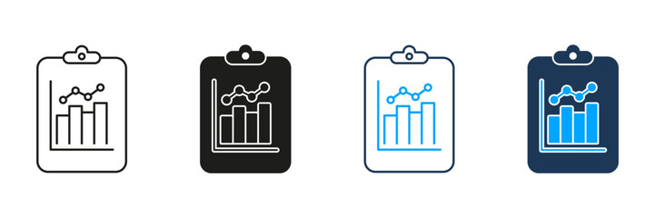 Clipboard With Graph Line And Solid Icon Set. Data Analysis, Business Reporting, And Performance Tracking Symbol Collection. Financial And Statistical Insights. Isolated Vector Illustration