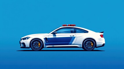 Fototapeta premium Police vehicle design showcases a sleek white sports car with blue accents and emergency lights under a clear blue sky