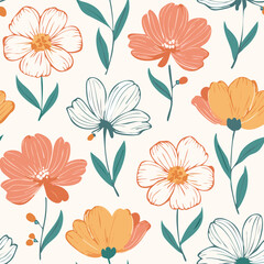 Hand-drawn Floral Seamless Pattern with Daisies and Leaves – Vintage Botanical Design