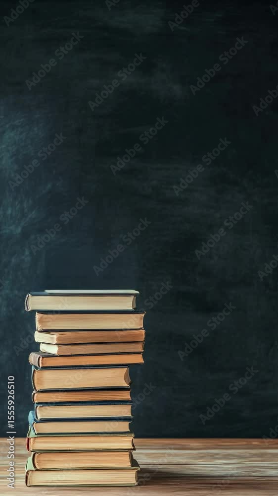 Poster stack of old books on a wooden desk with a dark chalkboard background representing the beginning of 