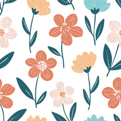 Hand-drawn Floral Seamless Pattern with Daisies and Leaves – Vintage Botanical Design