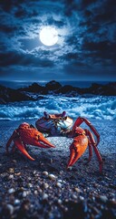 A crab dancing in the moonlight on the beach, photorealistic landscape