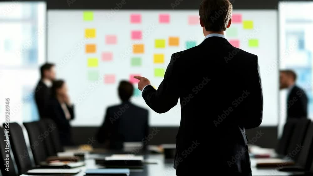 Poster businessman is leading a meeting with his colleagues, using colorful sticky notes on a whiteboard to