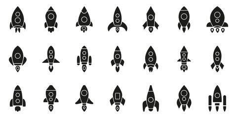 Rocket Ship Solid Icon Set. Space Exploration, Innovation, And Technology Silhouette Symbol Collection. Futuristic Design And Adventure Concept. Isolated Vector Illustration