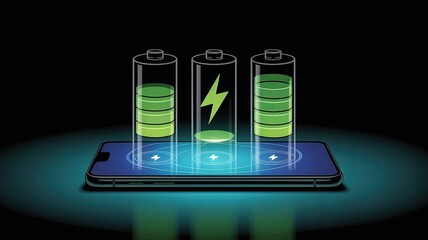 Three green battery icons hovering above a smartphone displaying charging symbols technology power