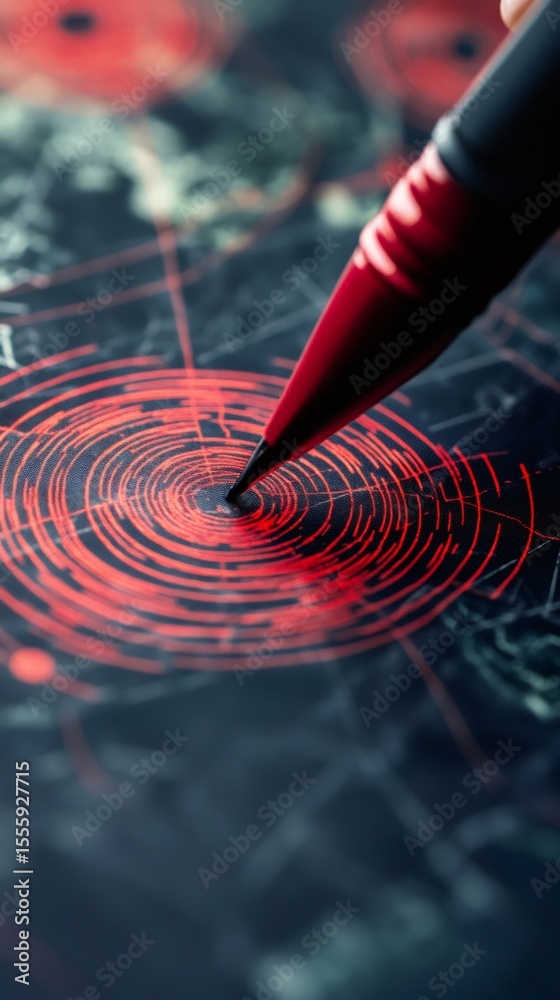 Poster Geologist is analyzing a map, highlighting the epicenter of an earthquake with a red pen, showing the propagation of seismic waves and the impact on surrounding areas