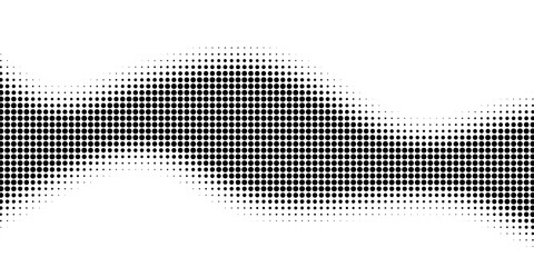 Dot gradient wave pattern. Abstract halftone black and white dotted background with curved gradient effect. Retro comic book style texture wallpaper. Graphic vector illustration.