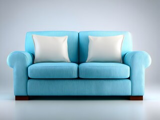 A light blue loveseat with two white pillows is centered on a neutral background in a studio setting.