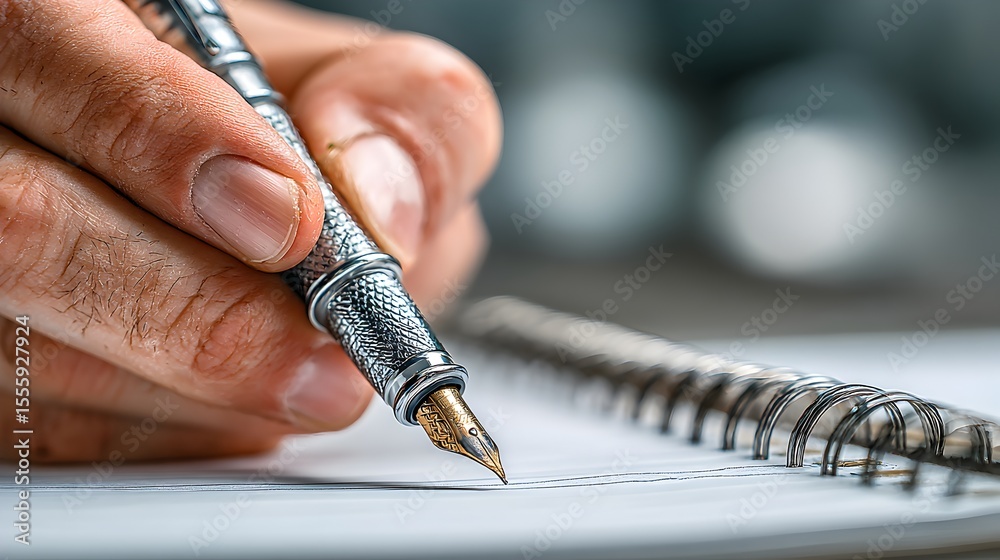Fototapete a close up shows a hand writing with a fountain pen on a spiral bound notebook with shallow depth of