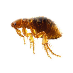 True flea macro view, compressed body with backward bristles and strong legs, amber sheen texture, scientific-style 8K PNG