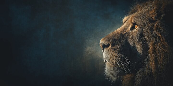 Lion of Judah, Christian bible symbolism background wallpaper with copy space. Artistic painting, cinematic style